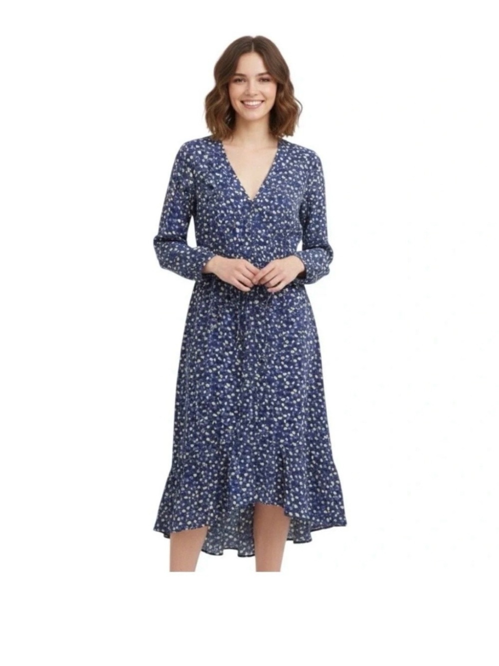 Rails Jade Navy Ditsy Floral Midi Dress Button Tie Waist Long Sleeve Size S